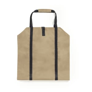 A tan log carrier bag with black handles and a rectangular shape, featuring a simple design and a branded logo.
