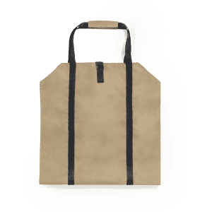 A beige log carrier bag with black handles and a simple design. Features a logo on the front.