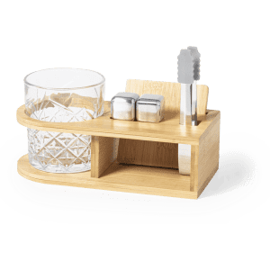 A bamboo whisky set featuring a crystal glass, ice tongs, and ice cube moulds, designed for home use.