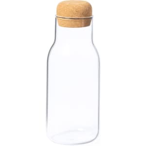 A drink bottle made of clear glass with a cork lid. It has a simple, minimalist design and features a logo.