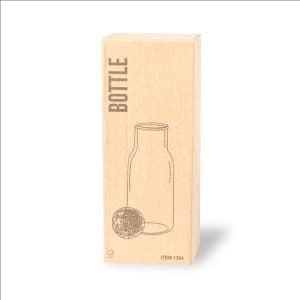 A drink bottle in a box, featuring a minimalist design with a circular base. The bottle appears clear and is unlabelled.