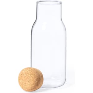 A drink bottle made of clear glass with a cork stopper, featuring a simple, elegant design.