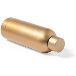 A drink bottle in a sleek gold finish with a rounded base and a screw-on lid. It features a branding logo.