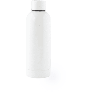 A drink bottle in white, featuring a sleek design and a twist-off lid. It includes a logo on the body.