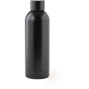 A drink bottle in sleek black design, featuring a rounded shape and a screw-top lid. It has a branding logo on it.