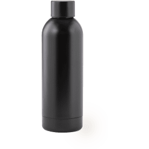 A drink bottle in a sleek black finish featuring a secure screw-on lid and a minimalist design.