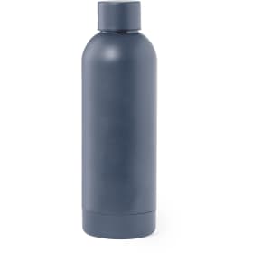 A drink bottle in a dark navy blue colour, featuring a sleek design and a cap, with a logo on the side.
