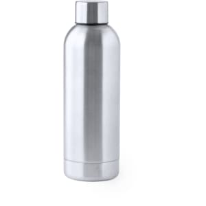 A drink bottle with a sleek, stainless steel exterior and a rounded design. It features a silver finish and a cap.