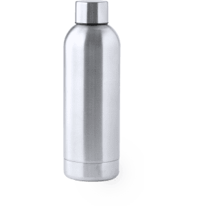 A drink bottle in a sleek silver finish, featuring a round body and a matching screw-on lid. It has a logo.