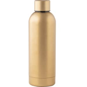 A drink bottle in a metallic gold finish, featuring a sleek design and a secure screw-on lid.