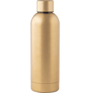 A drink bottle in a sleek gold finish, featuring a minimal design and an attached lid, with a logo on the surface.