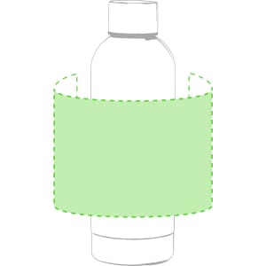 A drink bottle with a clear body and a rounded green label, featuring a logo at the front.