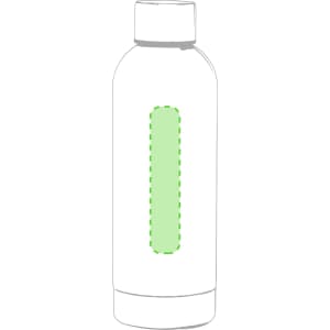 A drink bottle in a sleek design with a white body and a green outline, featuring a logo.