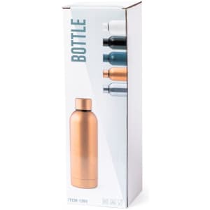 A drink bottle in copper with a sleek design, presented in a tall box featuring assorted colour options.
