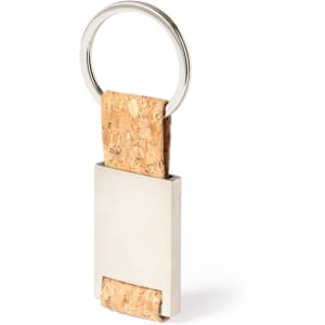 A silver keyring with a cork band, featuring a rectangular metallic piece and a circular ring.