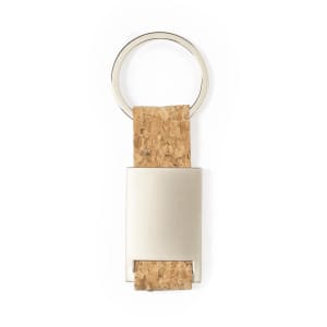 A silver keyring with a cork strap, featuring a round split ring attachment for keys.