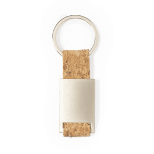 A cork and silver keyring with a circular metal ring, featuring a smooth, metallic surface.