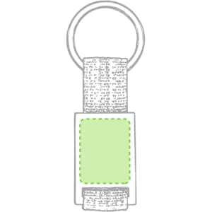 A green keyring with a rectangular design and a branded metal ring.