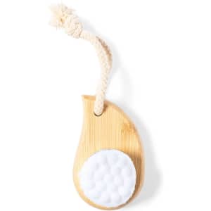 A bamboo face cleansing brush with a white bristle head and a hanging rope for easy storage.