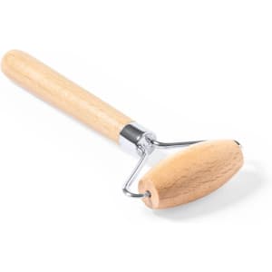 A wooden-handled face massager with a metal roller, designed for beauty routines and skincare applications.