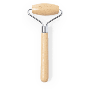 A wooden face massager with a smooth, rounded head and a metal frame, featuring a light wood handle.