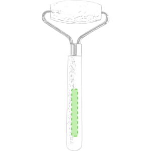 A green and silver face massager with a roller design, featuring a wooden handle.