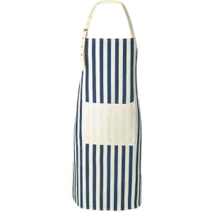 A navy and cream striped apron with a front pocket and adjustable straps, featuring a logo.