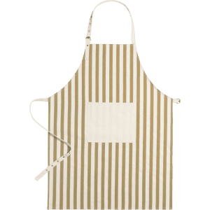 A striped apron in beige and cream, featuring a front pocket and adjustable straps. It has a logo as well.