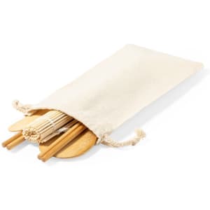 A beige fabric pouch containing bamboo chopsticks and a bamboo sushi mat, tied with a drawstring.