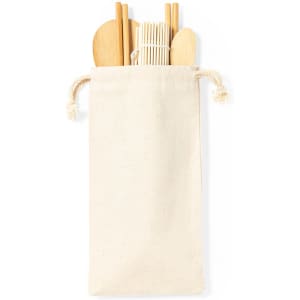 A cream-coloured pouch containing wooden utensils for sushi, including chopsticks and a sushi mat, with a drawstring closure.