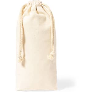 A natural cotton drawstring bag in cream colour, designed to securely hold items. Features a simple, unbranded style.