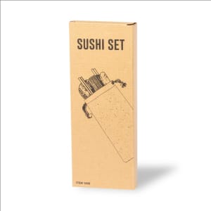 A sushi set packaging in brown cardboard, featuring a simple illustration of chopsticks and other utensils inside.