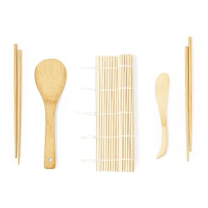 A bamboo sushi set featuring chopsticks, a sushi mat, and sushi serving utensils in natural wood colour.