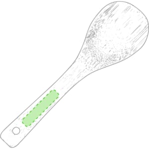 A bamboo sushi spatula with a flat, rounded head and a long handle. The handle features a green section.