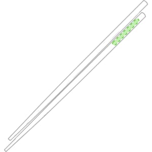 A pair of white chopsticks with a green decorative element at one end, featuring a simple design.