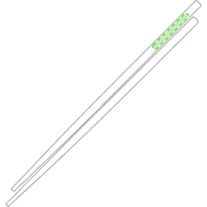 A pair of white chopsticks featuring a green decorative band in the centre. Includes a logo.