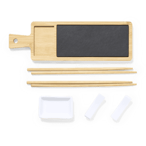 A Gunkan sushi set featuring a bamboo serving board, chopsticks, a white dipping dish, and two soy sauce cups.