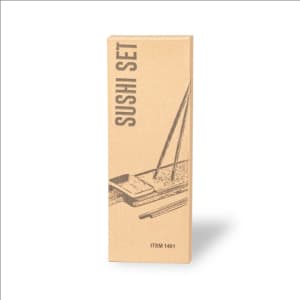 A sushi set packaged in a brown box with chopsticks and a sushi holder illustrated on the front.