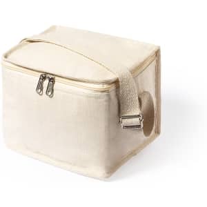 A cream cooler bag with a zip closure and an adjustable strap, featuring a logo on the side.
