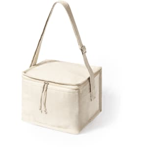 A cream cooler bag with a zip closure and adjustable strap, featuring a simple design and sturdy construction.
