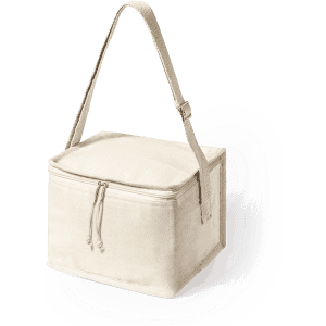 A cream-coloured cooler bag with a zip closure and an adjustable strap. It features a logo on the front.