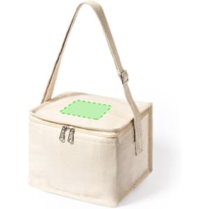 A beige cooler bag with a zip closure and an adjustable strap, featuring a blank space for branding.