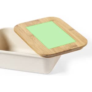 A square container with a light green insert and a bamboo lid. The base is made of a light, textured material.