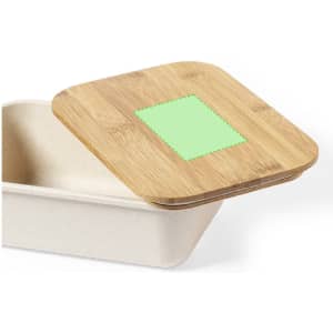 A rectangular container with a cream base and a bamboo lid featuring a green square on top.