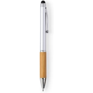 A stylus touch ball pen in silver with a bamboo grip, featuring a silver clip and a logo.