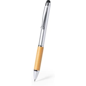 A silver and bamboo stylus touch ball pen featuring a sleek design and a branding logo.