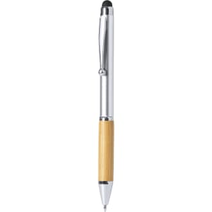 A stylus touch ball pen with a wooden barrel and silver accents, featuring a logo on the clip.