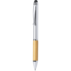 A silver and bamboo stylus touch ball pen with a logo, featuring a sleek design and smooth finish.