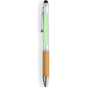 A stylus touch ball pen featuring a bamboo body and silver accents, with a green section for branding.