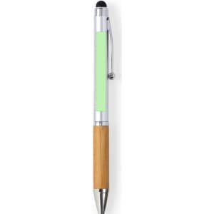 A stylus touch ball pen featuring a mint green body and bamboo accent, with a silver clip and nib.